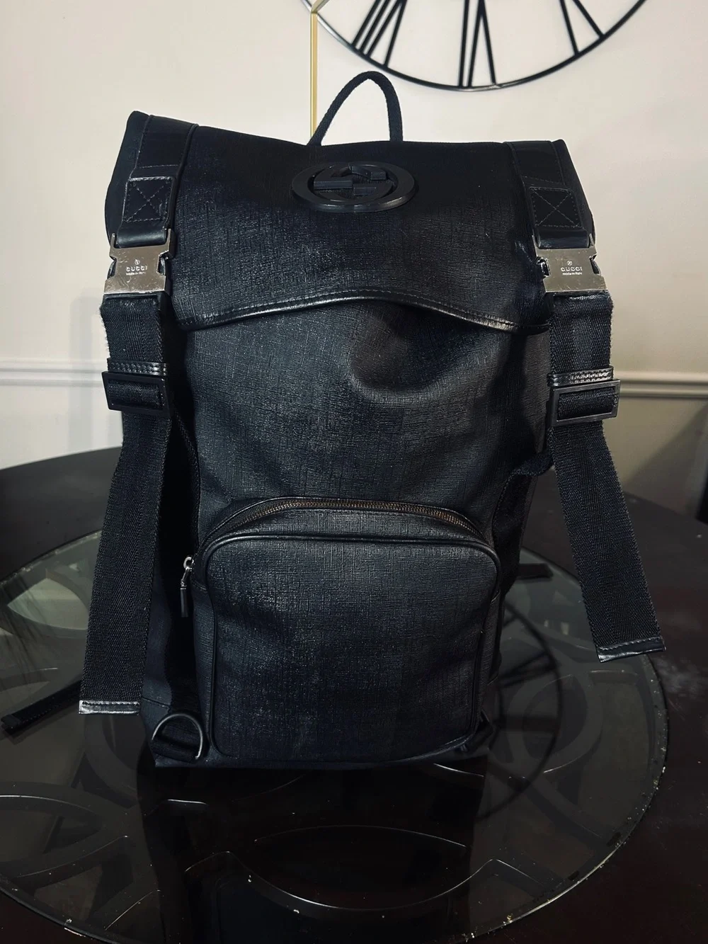 Gucci Interlocking G Backpack Black Coated Canvas Large Travel Bag 246321